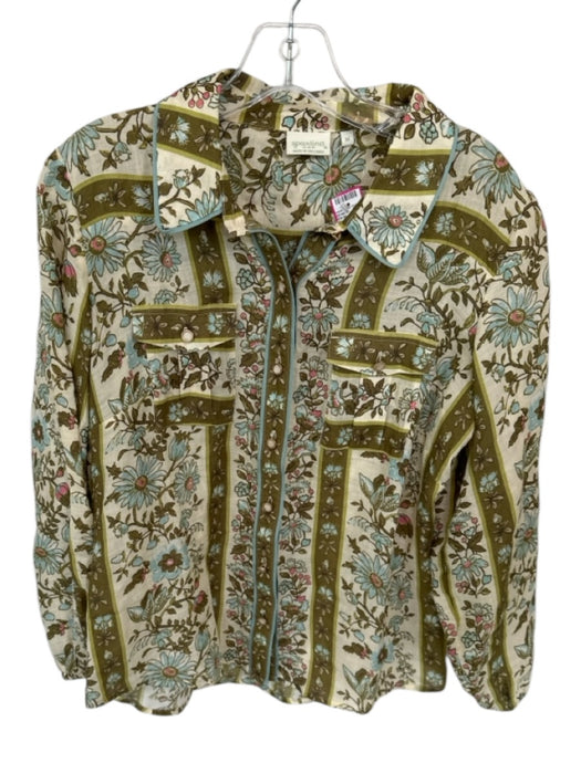 Spartina Size M Green & Blue Ramie Long Sleeve Botanical Button Down Top Green & Blue / M
