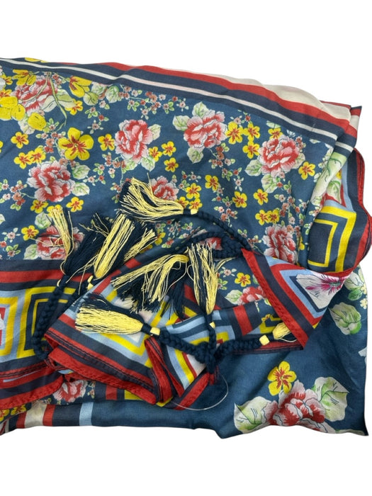 Blue & Yellow Silk Tassels Flowers Square scarf Blue & Yellow / L