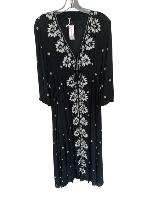 Free People Size XS Black & White Cotton Long Sleeve Embroidered Flowers Dress Black & White / XS