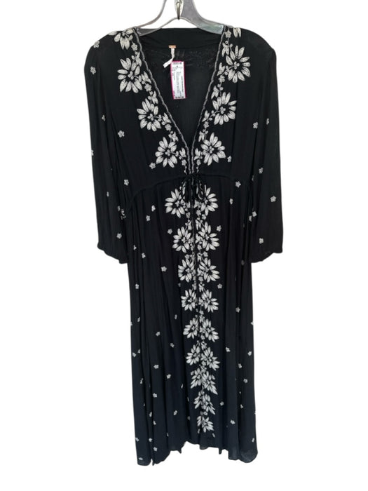 Free People Size XS Black & White Cotton Long Sleeve Embroidered Flowers Dress Black & White / XS