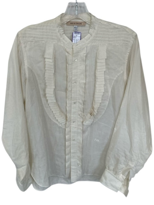 See By Chloe Size 2 Ivory Silk Blend Button Down Button Sleeve Sheer Top Ivory / 2
