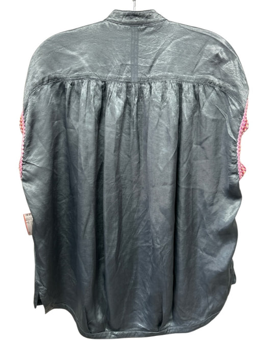 Koch Size S Slate Blue Satin Gathered Waist Embroidered Sleeve Half Button Top Slate Blue / S