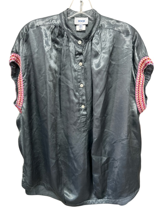 Koch Size S Slate Blue Satin Gathered Waist Embroidered Sleeve Half Button Top Slate Blue / S