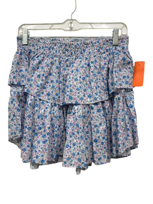Loveshackfancy Size M Blue, Pink, White Cotton Raw Edge Floral Tiered Mini Skirt Blue, Pink, White / M