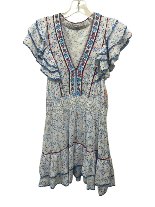 Poupette St. Barth Size L White, Blue, Red Viscose Smocked Waist Band Mini Dress White, Blue, Red / L