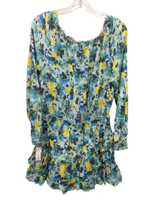 Loveshackfancy Size L Blue & Yellow Cotton Watercolor Floral Tie Neck Mini Dress Blue & Yellow / L