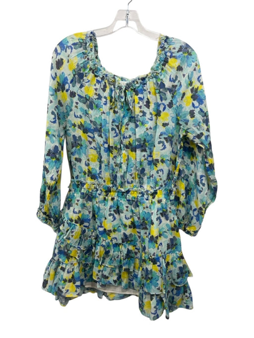 Loveshackfancy Size L Blue & Yellow Cotton Watercolor Floral Tie Neck Mini Dress Blue & Yellow / L