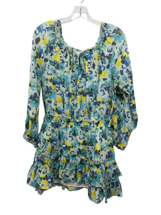 Loveshackfancy Size L Blue & Yellow Cotton Watercolor Floral Tie Neck Mini Dress Blue & Yellow / L