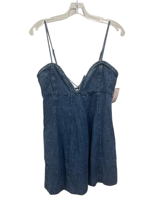 Free People Size M Blue Cotton Chambray Braided Trim V Neck Above Knee Dress Blue / M