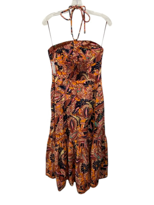 A.L.C. Size 10 Brown, Orange & Multi Cotton Abstract Print Tie Neck Halter Dress Brown, Orange & Multi / 10