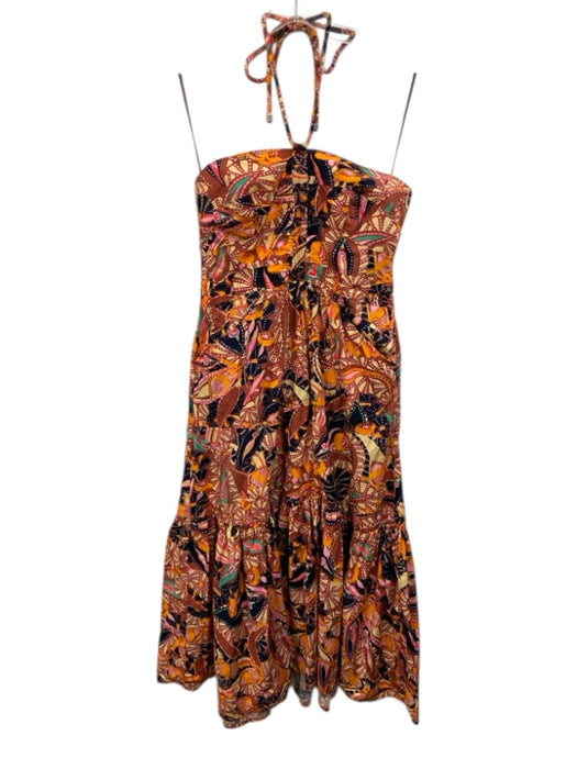 A.L.C. Size 10 Brown, Orange & Multi Cotton Abstract Print Tie Neck Halter Dress Brown, Orange & Multi / 10