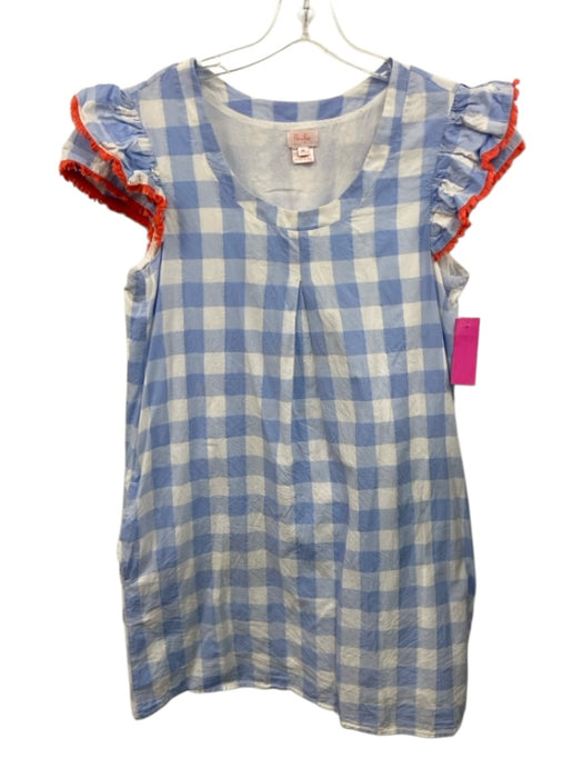 Persifor Size M White, Blue & Pink Cotton Gingham Ruffle Cap Sleeve Dress White, Blue & Pink / M