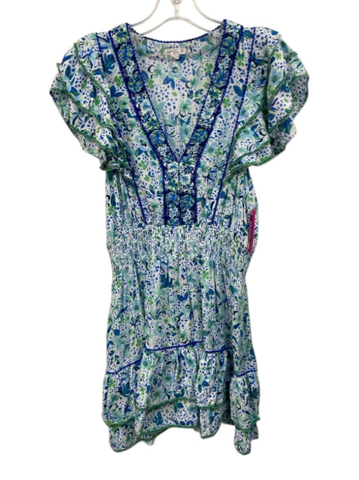 Poupette St. Barth Size L White, Blue & Green Viscose Botanical Print Dress White, Blue & Green / L