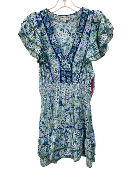 Poupette St. Barth Size L White, Blue & Green Viscose Botanical Print Dress White, Blue & Green / L
