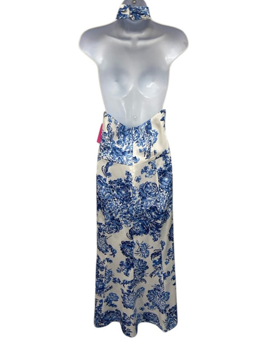 Cinq a Sept Size 10 White & Blue Polyester Floral Halter Twist Front Dress White & Blue / 10