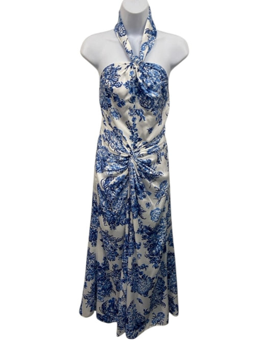 Cinq a Sept Size 10 White & Blue Polyester Floral Halter Twist Front Dress White & Blue / 10