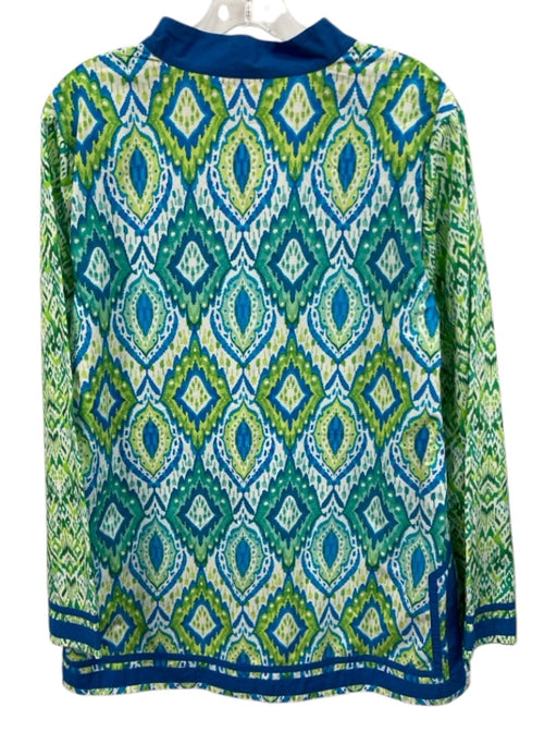 NicoBlu Size L White, Blue & Green Cotton Ikat Long Sleeve V Neck Side Slits Top White, Blue & Green / L