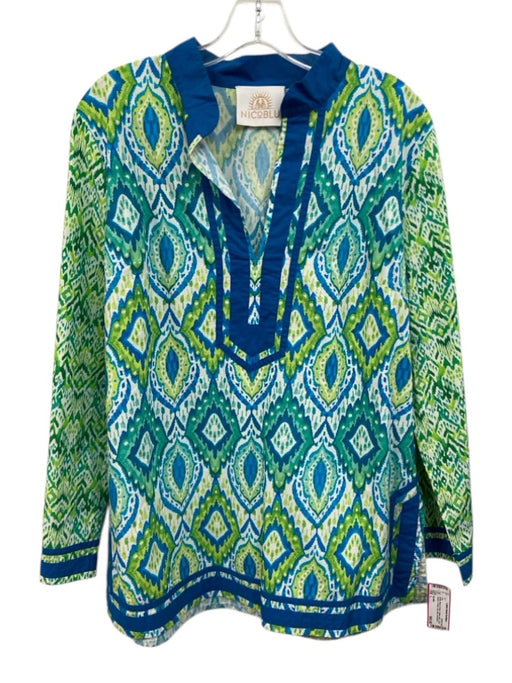 NicoBlu Size L White, Blue & Green Cotton Ikat Long Sleeve V Neck Side Slits Top White, Blue & Green / L
