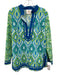 NicoBlu Size L White, Blue & Green Cotton Ikat Long Sleeve V Neck Side Slits Top White, Blue & Green / L