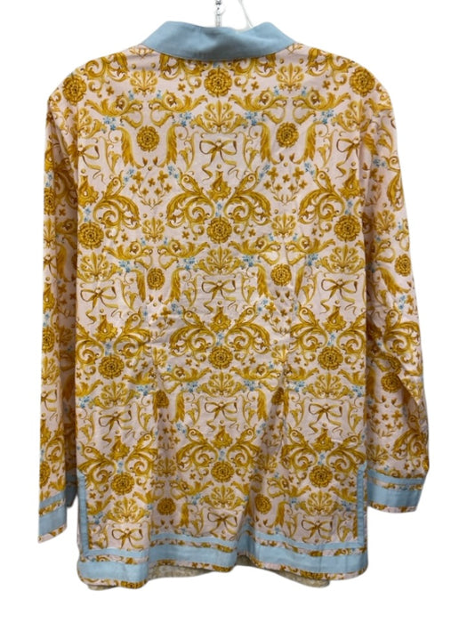 NicoBlu Size L Pink, Yellow & Blue Cotton Gilded Floral Long Sleeve V Neck Top Pink, Yellow & Blue / L