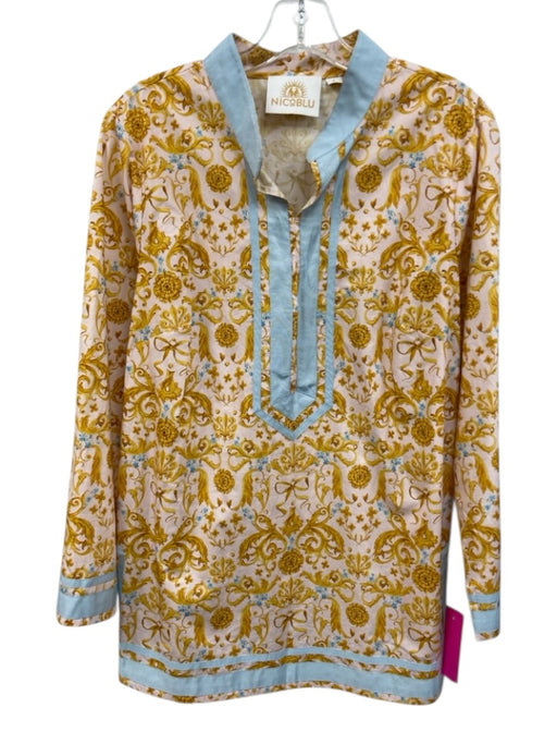 NicoBlu Size L Pink, Yellow & Blue Cotton Gilded Floral Long Sleeve V Neck Top Pink, Yellow & Blue / L