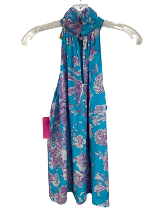 NicoBlu Size L Blue, Purple & White Viscose Botanical High Neck Sleeveless Top Blue, Purple & White / L