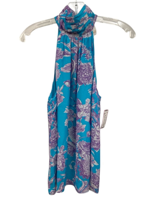 NicoBlu Size L Blue, Purple & White Viscose Botanical High Neck Sleeveless Top Blue, Purple & White / L