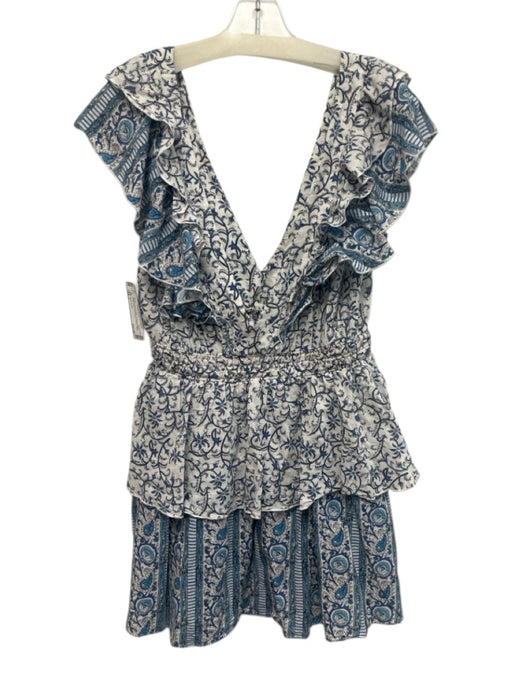 Playa Lucila Size L Blue & White Cotton V Neck & Back Ruffle Flare Dress Blue & White / L