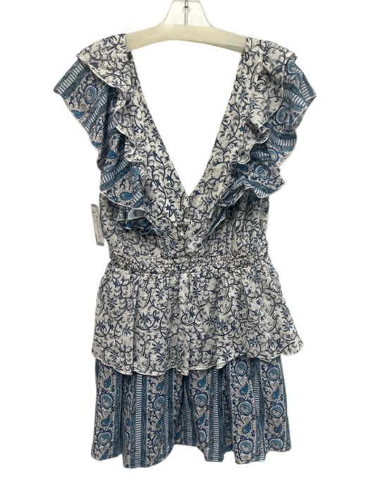 Playa Lucila Size L Blue & White Cotton V Neck & Back Ruffle Flare Dress Blue & White / L