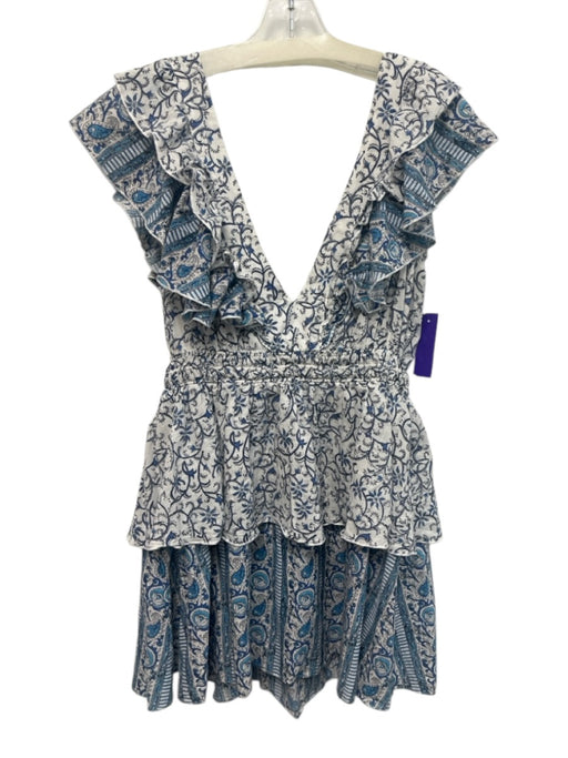 Playa Lucila Size L Blue & White Cotton V Neck & Back Ruffle Flare Dress Blue & White / L