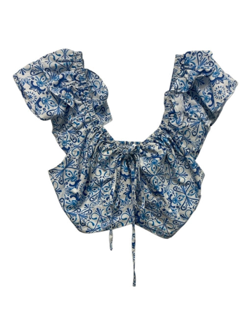 No Brand Size Est S Blue & White Cotton Ruffle Flare Sleeve Abstract Print Top Blue & White / Est S