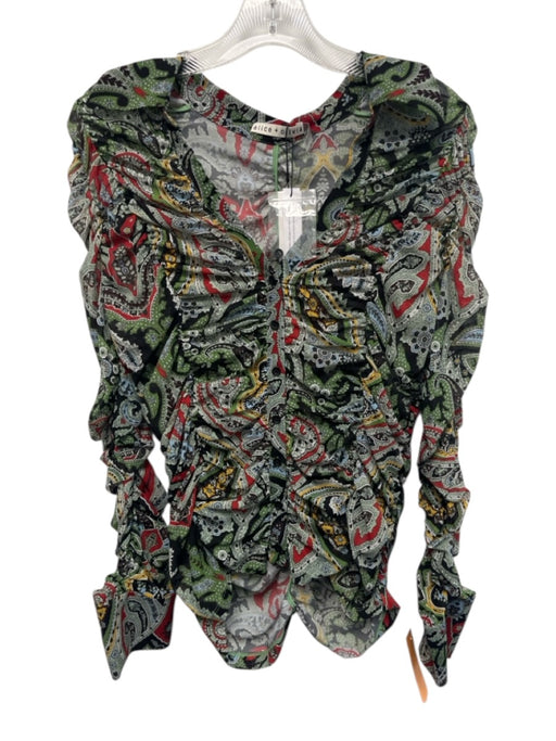 Alice + Olivia Size L Black, Green, Multi Polyester Long Sleeve Button Up Top Black, Green, Multi / L