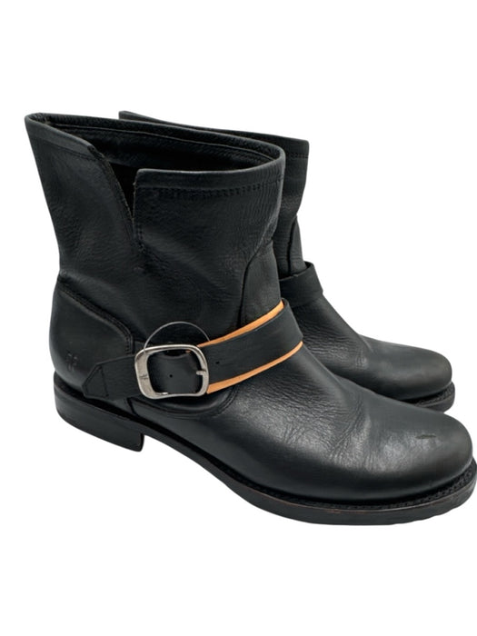 Frye Shoe Size 11 Black Grain Leather Buckle Round Toe Block Heel Boots Black / 11