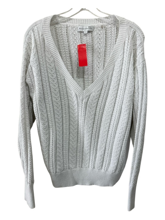 White + Warren Size L White Cotton Cable Knit V Neck Ribbed Accents Sweater White / L