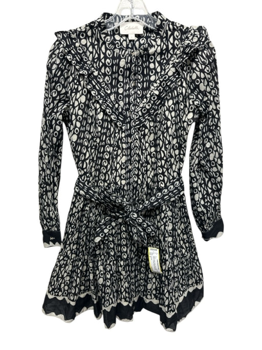 Cleobella Size S Black & White Cotton Printed Long Sleeve Tie Waist Dress Black & White / S
