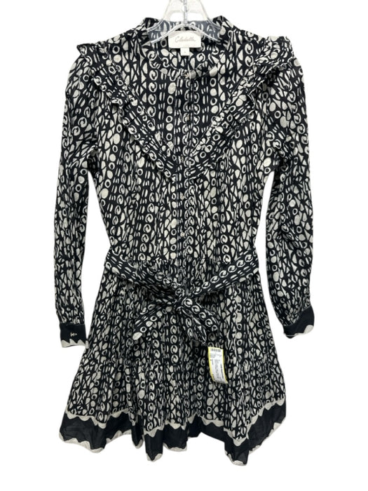 Cleobella Size S Black & White Cotton Printed Long Sleeve Tie Waist Dress Black & White / S