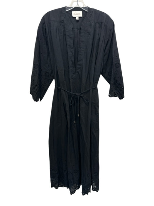 Cleobella Size S Black Cotton Eyelets V Neck Tie Waist 3/4 Sleeve Dress Black / S