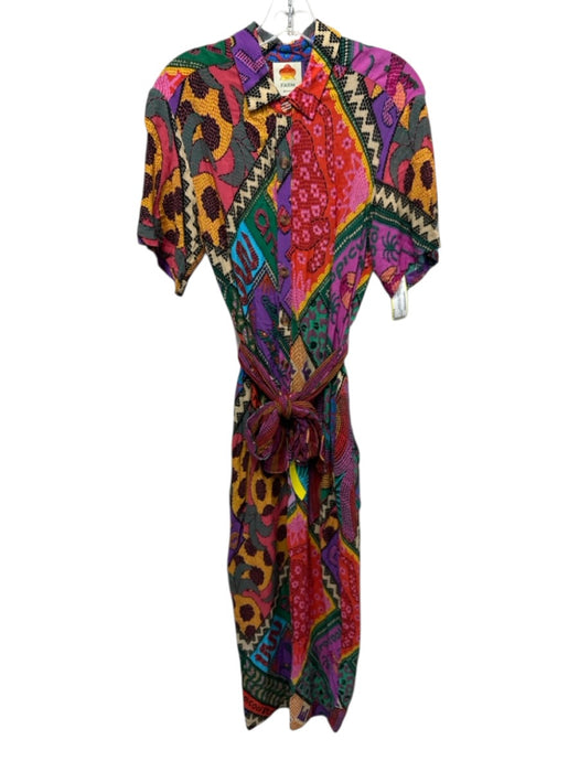 Farm Rio Size S Multi Rayon Printed Short Sleeve Tie Waist Button Front Jumpsuit Multi / S