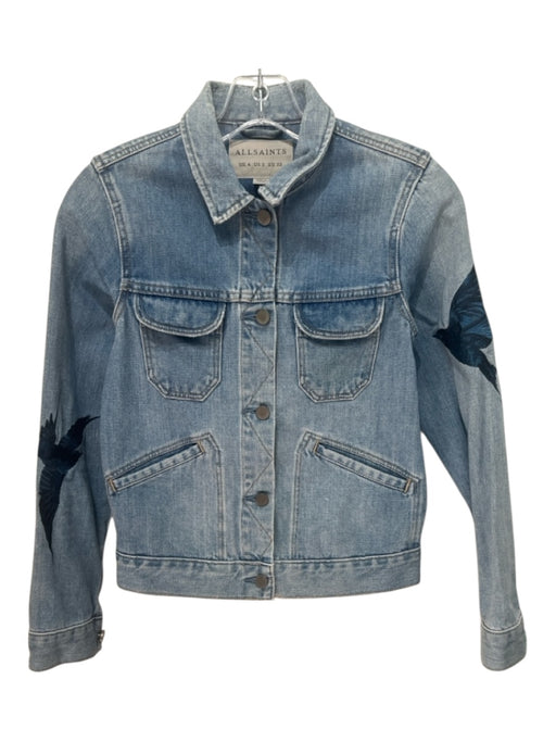 All Saints Size 0 Light Wash Cotton Blend Denim Embroidered Detail Bird Jacket Light Wash / 0