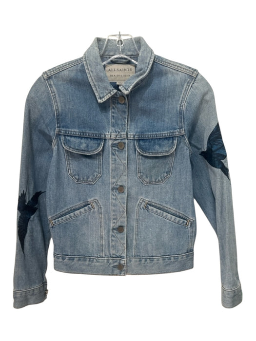 All Saints Size 0 Light Wash Cotton Blend Denim Embroidered Detail Bird Jacket Light Wash / 0
