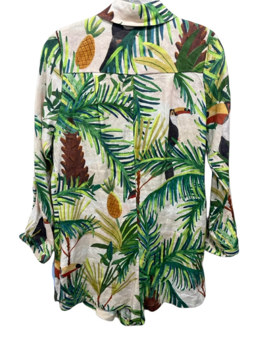 Farm Rio Size XS Beige & Green Linen Botanical Collared Long Sleeve Romper Beige & Green / XS