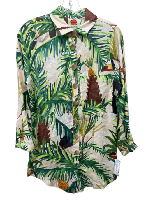 Farm Rio Size XS Beige & Green Linen Botanical Collared Long Sleeve Romper Beige & Green / XS