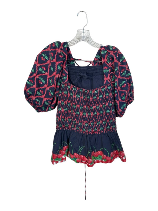 Damson Madder Size 12 Navy & Red Cotton Cherry Print smocked Short Set Short Set Navy & Red / 12
