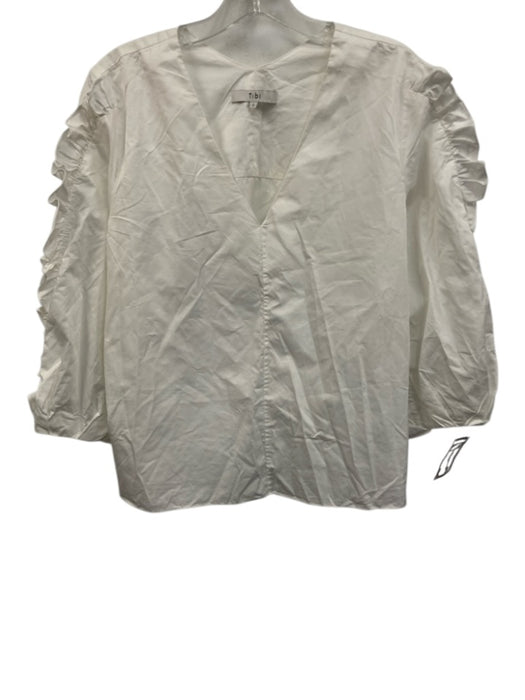 Tibi Size 2 White Cotton Long Sleeve V Neck Ruffle Trim Top White / 2