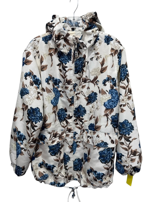 Tory Burch Size M Cream, Brown & Blue Polyester Floral Zip Front Hooded Jacket Cream, Brown & Blue / M