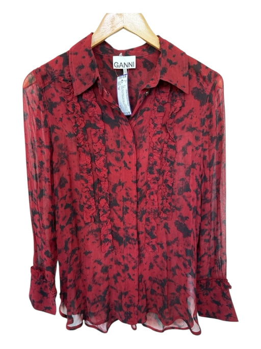 Ganni Size 36 Red & Black Viscose Long Sleeve Button Down Abstract Top Red & Black / 36