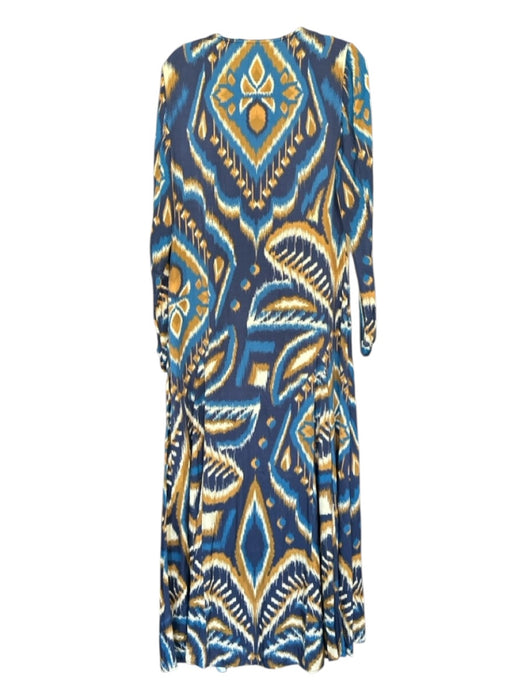 Farm Rio Size M Navy & Brown Long Sleeve Ikat Front Zip Maxi Dress Navy & Brown / M
