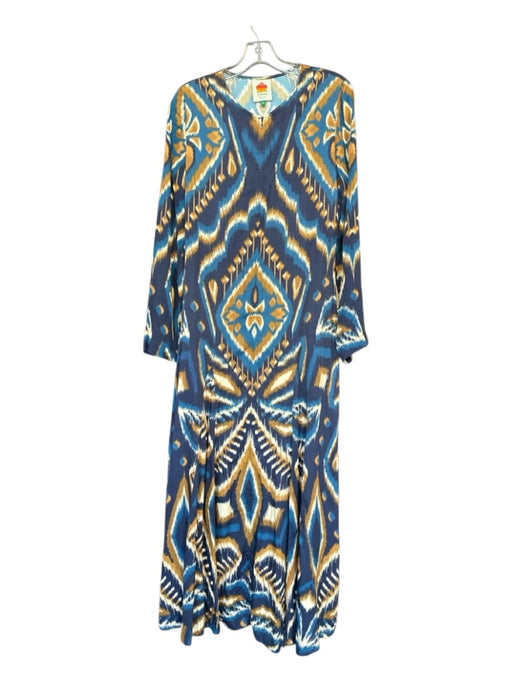 Farm Rio Size M Navy & Brown Long Sleeve Ikat Front Zip Maxi Dress Navy & Brown / M
