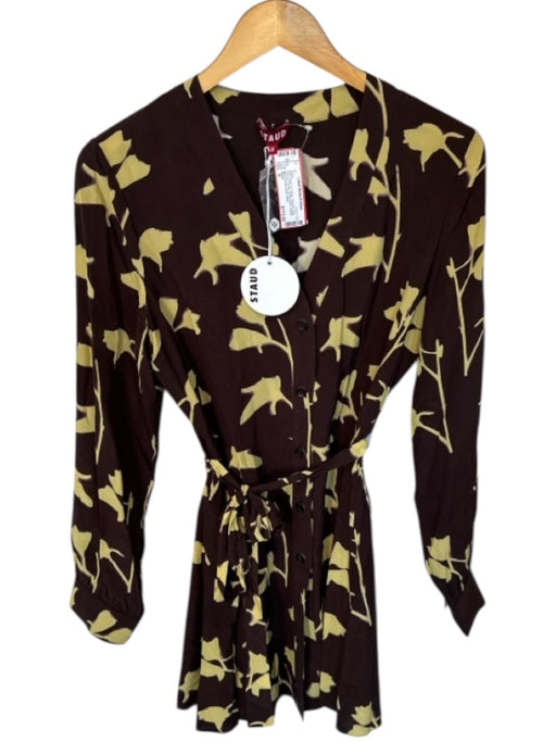 Staud Size M Brown & Yellow Viscose Long Sleeve Flowers Button Down Belted Dress Labels Resale Boutique Staud Size M Brown & Yellow Viscose Long Sleeve Flowers Button Down Belted Dress Labels Resale Boutique