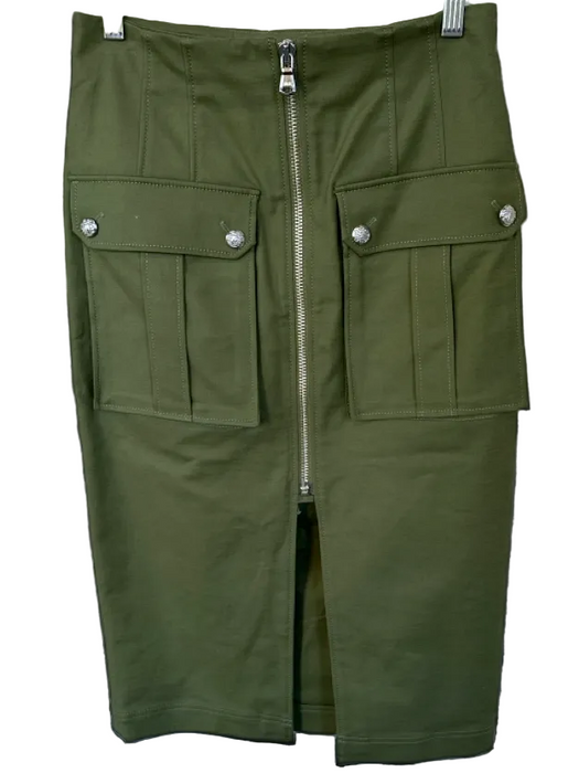 Veronica Beard Size 6 Olive Green Cotton Blend High Waist Front Zip Midi Skirt Olive Green / 6